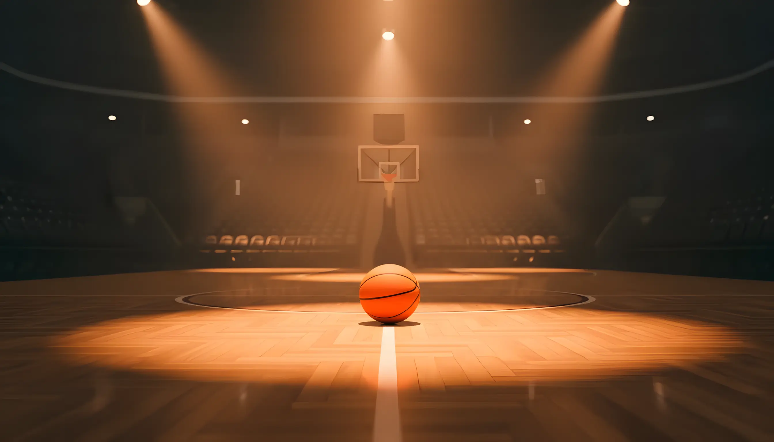 Γήπεδο μπάσκετ με φωτισμό αρένας και μπάλα στο κέντρο του παρκέ