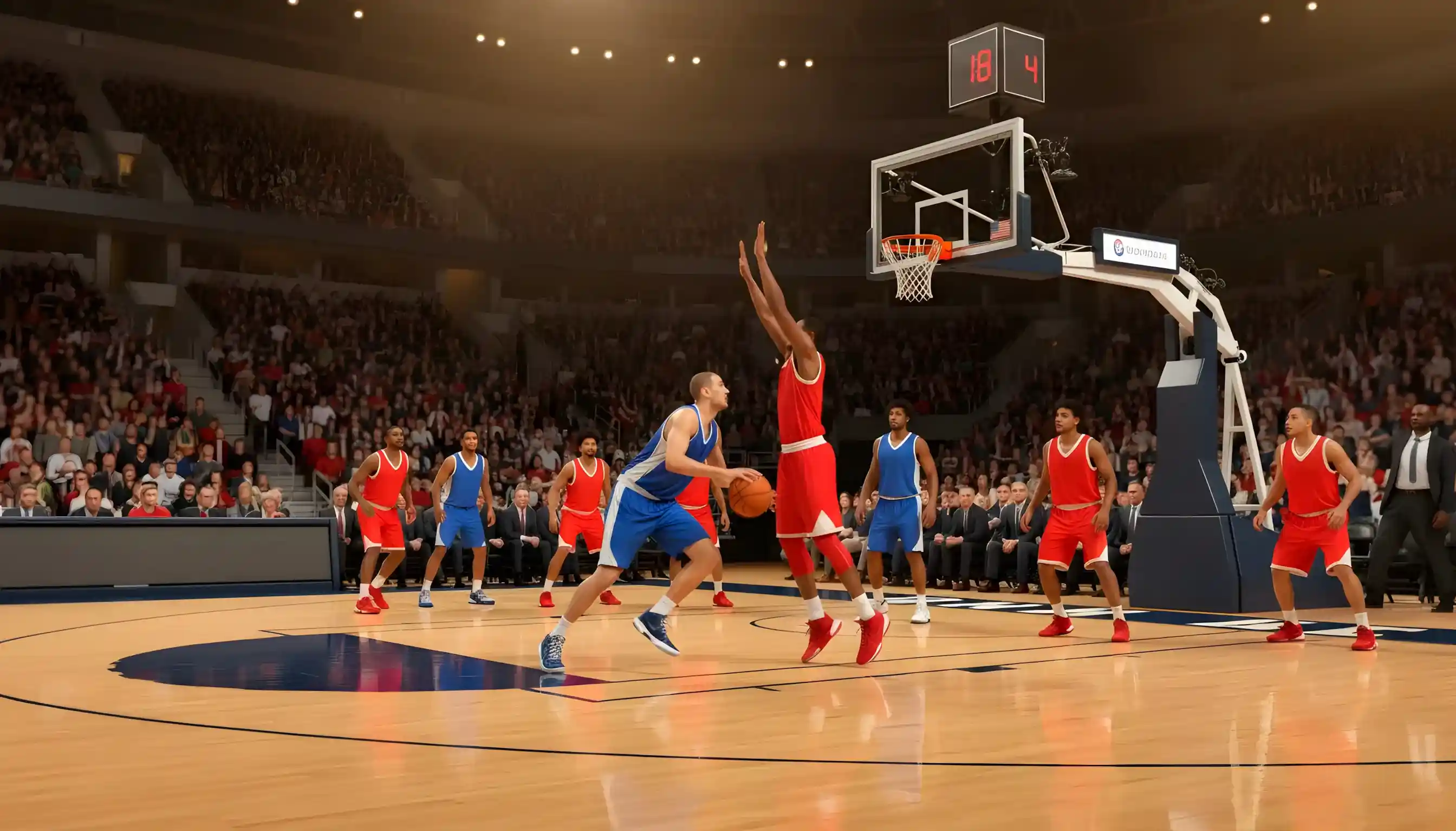 Ζωντανός αγώνας μπάσκετ σε γεμάτη αρένα με παίκτες σε δράση