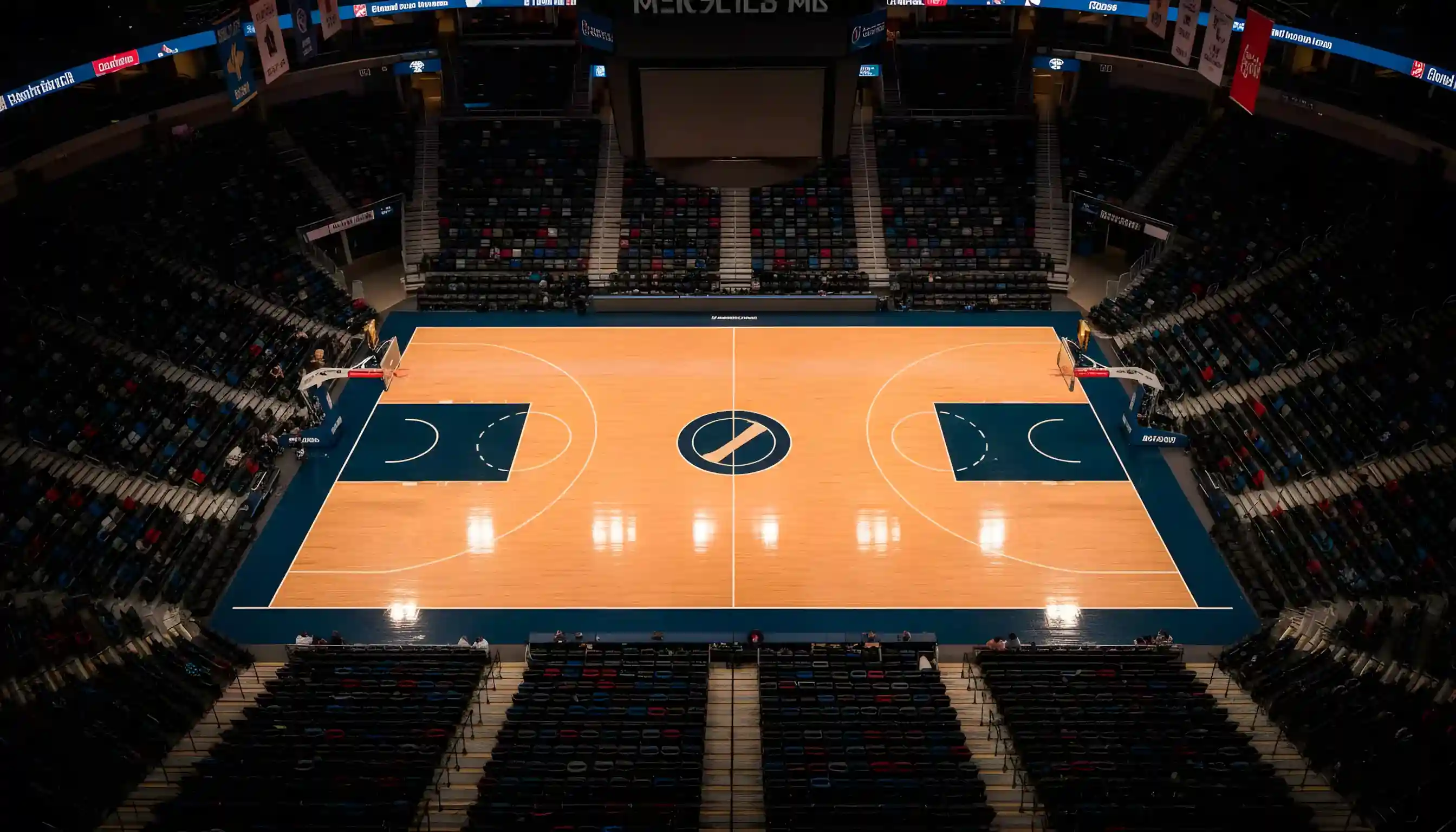 Επαγγελματικό γήπεδο μπάσκετ με σημαίες ομάδων NBA και Euroleague