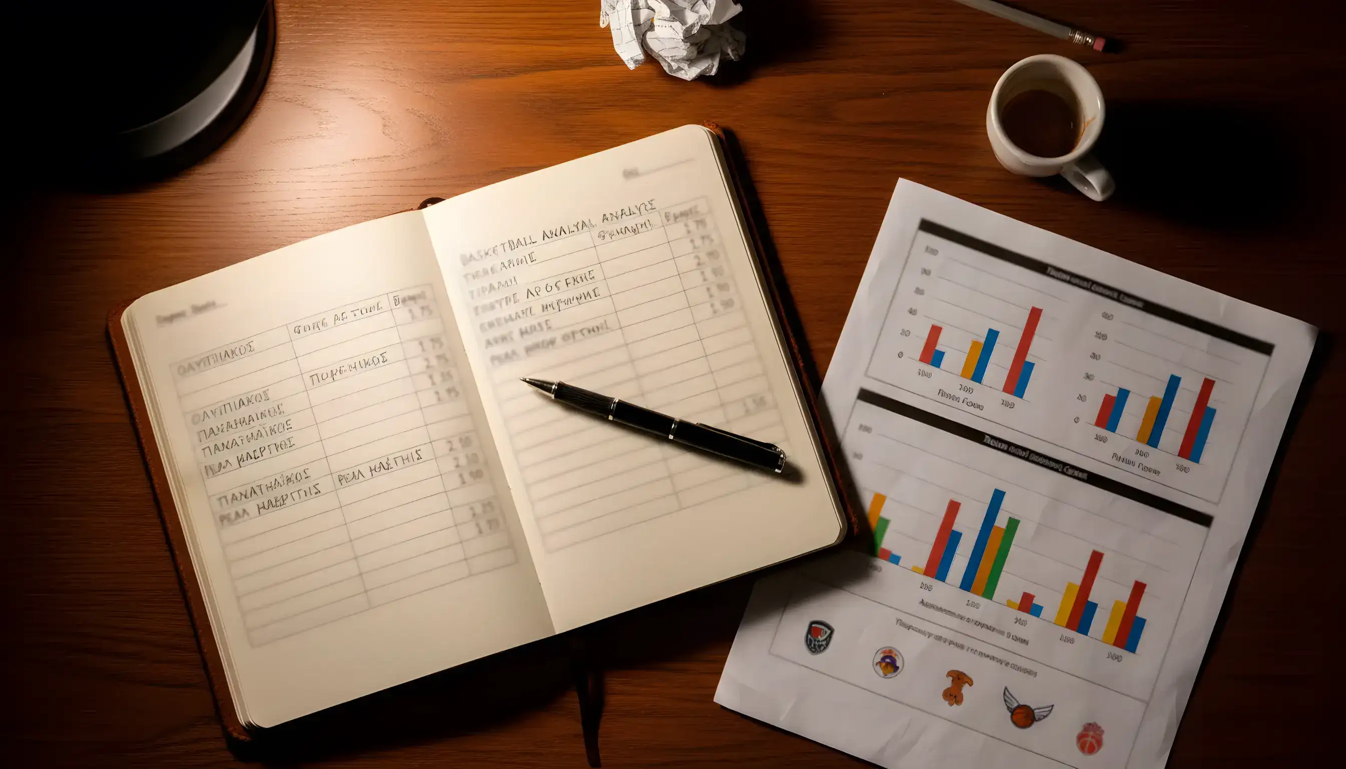 Σημειωματάριο με αναλύσεις αποδόσεων μπάσκετ και στατιστικά δεδομένα